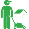 Icon Gärtner mit Rasenmäher vor Haus