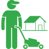 Icon Gärtner mit Rasenmäher vor Haus